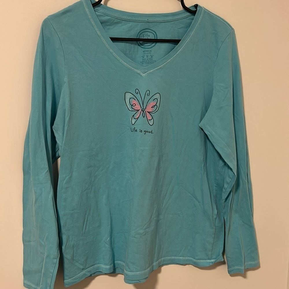 Life is Good Blue Butterfly Long Sleeve Shirt Size Medium